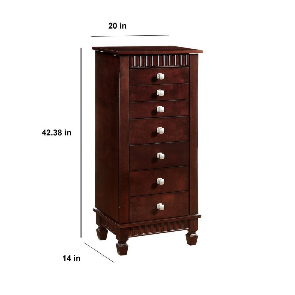 42 Inches 7 Drawer Jewelry Armoire with Fluted Design Brown By Casagear Home BM232500