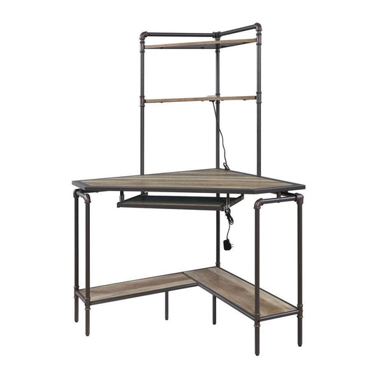 Wood and Metal Desk with 2 Shelf Hutch, Brown and Gray By Casagear Home