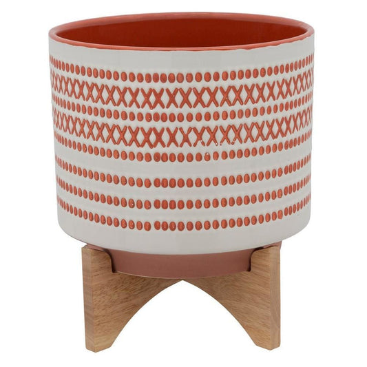 Round Shaped Ceramic Planter with Aztech Pattern, Red By Casagear Home