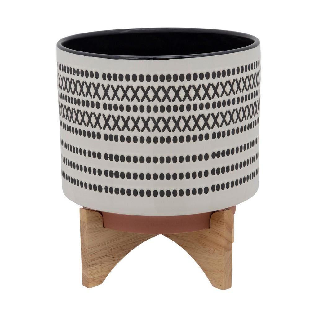 Round Shaped Ceramic Planter with Aztech Pattern, Black By Casagear Home