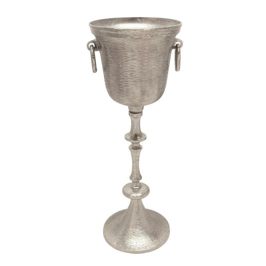 Trophy Shaped Metal Wine Cooler with Turned Pedestal Support, Silver By Casagear Home