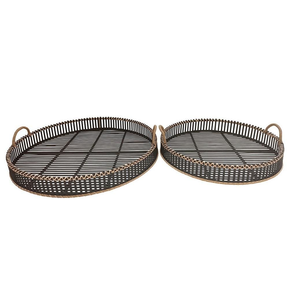 Round Shaped Bamboo Tray with Curved Handle, Set of 2, Black By Casagear Home