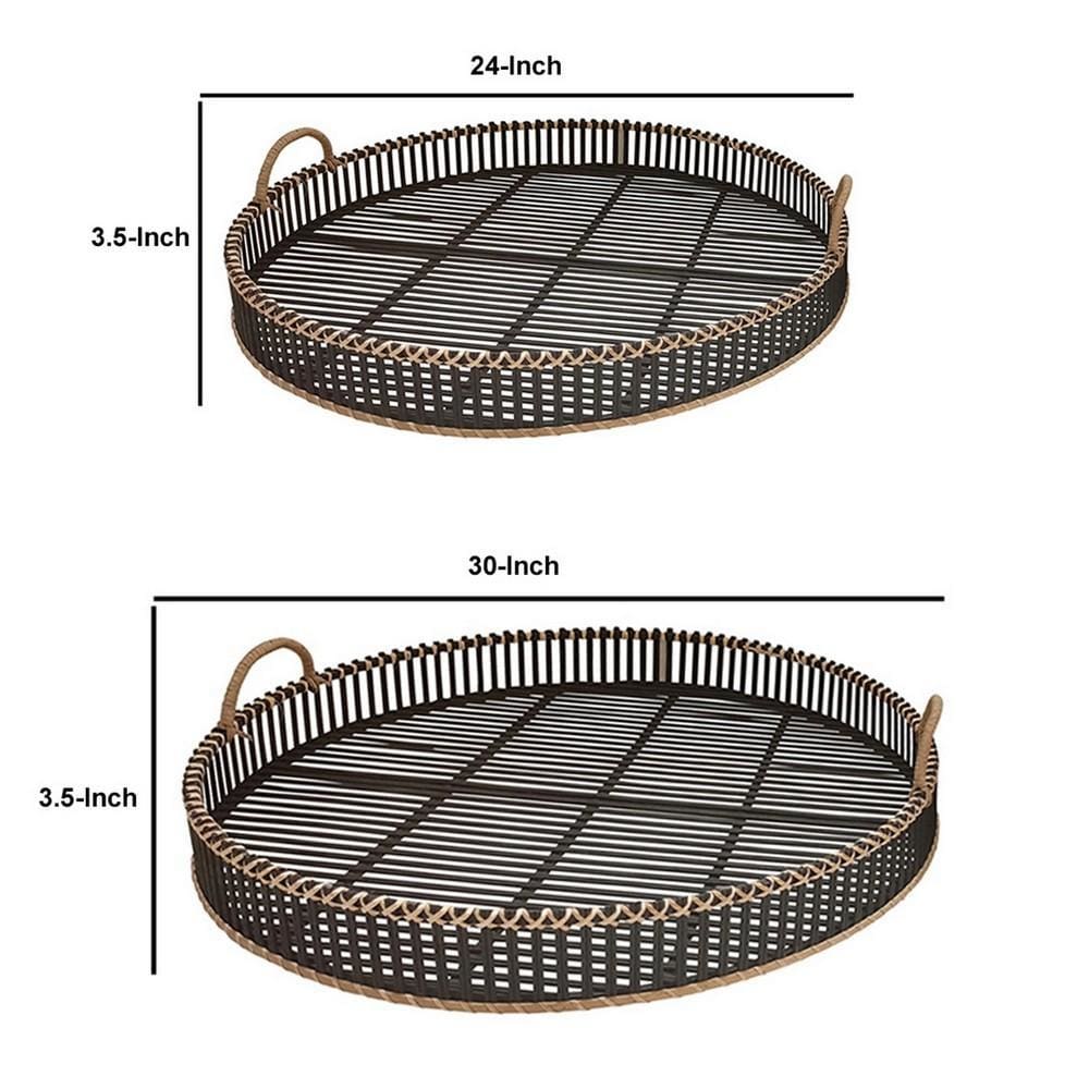 Round Shaped Bamboo Tray with Curved Handle Set of 2 Black By Casagear Home BM232697