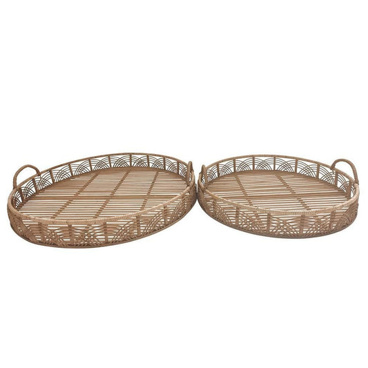 Round Shaped Bamboo Tray with Curved Handle, Set of 2, Brown By Casagear Home