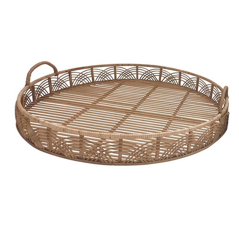 Round Shaped Bamboo Tray with Curved Handle Set of 2 Brown By Casagear Home BM232698