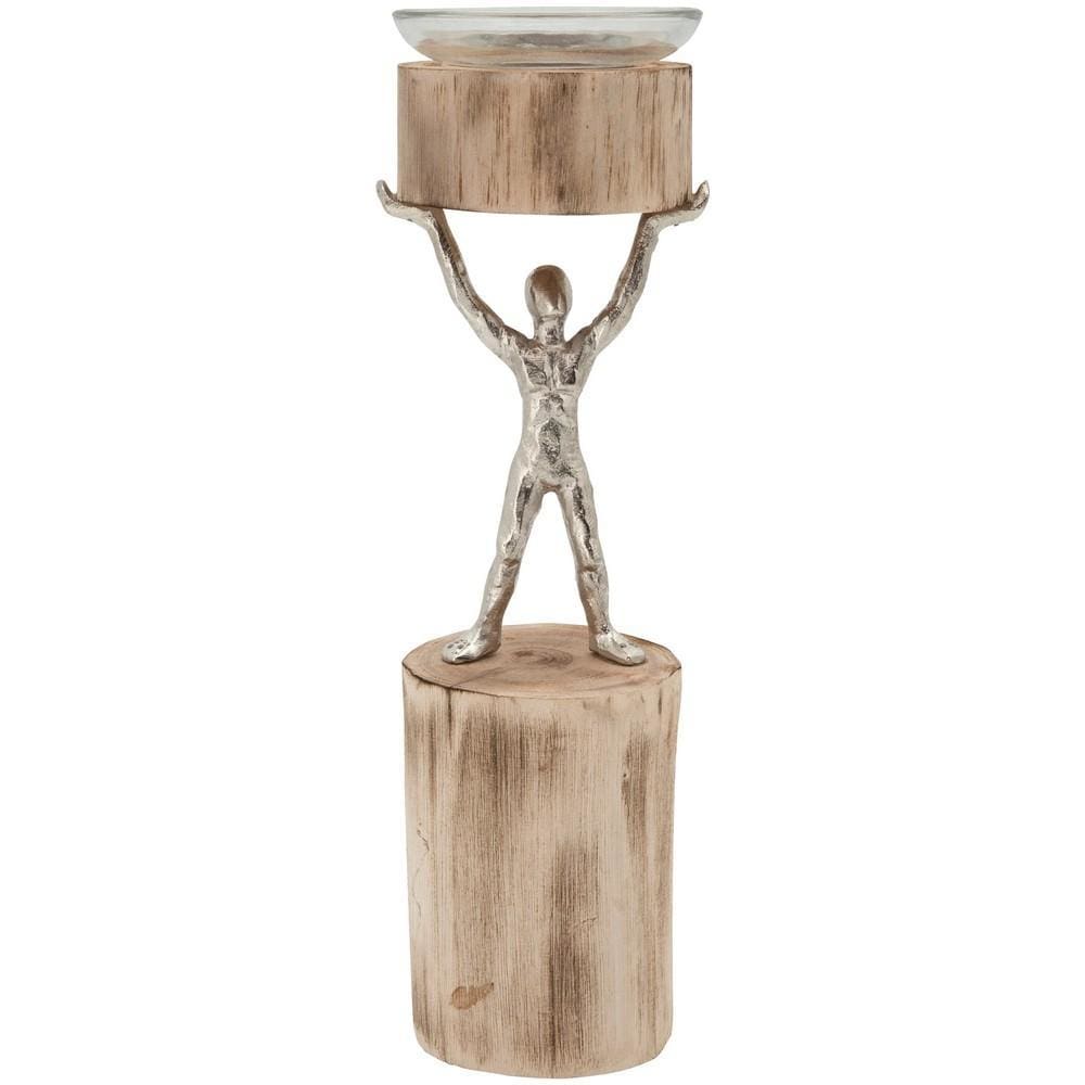 14 Inch Wooden Standing Man Candle Holder, Brown and Silver By Casagear Home