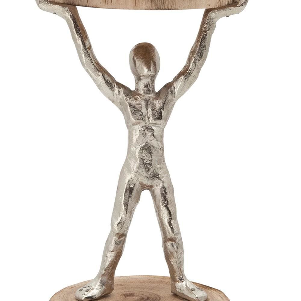 14 Inch Wooden Standing Man Candle Holder Brown and Silver By Casagear Home BM232705