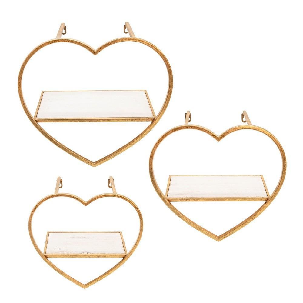 Heart Shaped Metal and Wooden Shelf, Set of 3 By Casagear Home