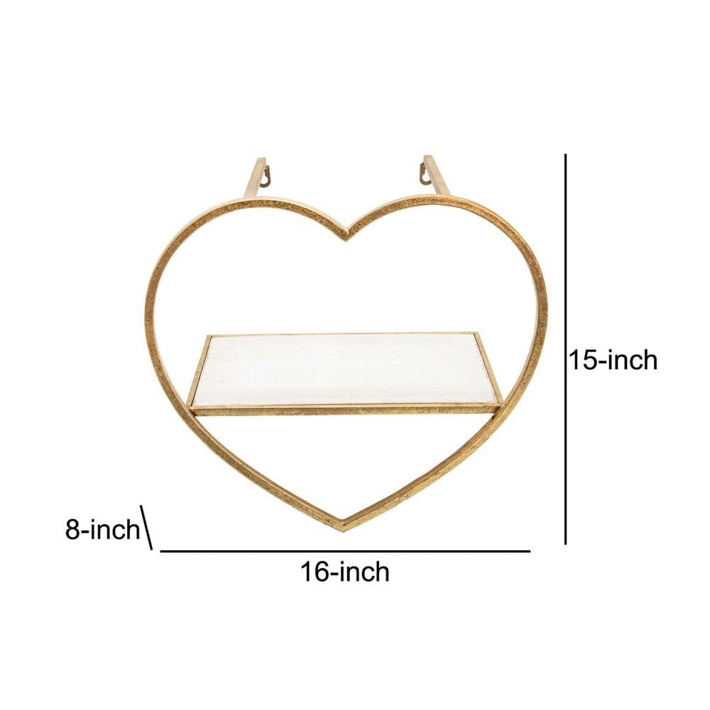 Heart Shaped Metal and Wooden Shelf Set of 3 Gold By Casagear Home BM232718