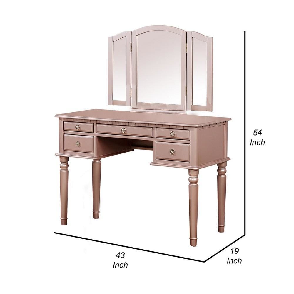 Vanity Set with Turned Tapered Legs and Three Piece Mirror Rose Gold By Casagear Home BM232895
