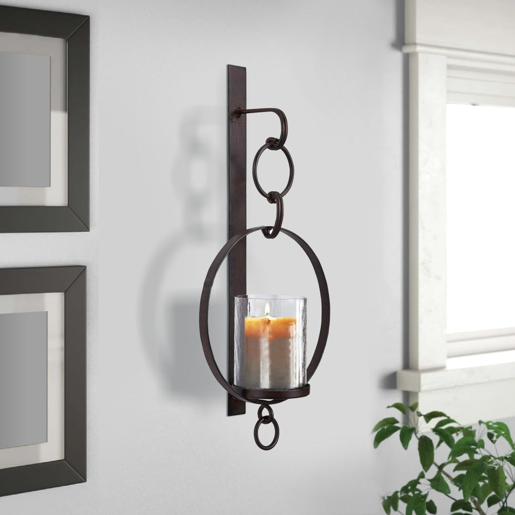 Metal Wall Sconce with Glass Hurricane and Chain Design Holder, Black By Casagear Home