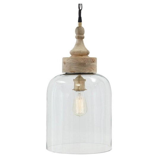 Inverted U Glass Pendant Light with Wood Finial Crown Top, Brown and Clear By Casagear Home