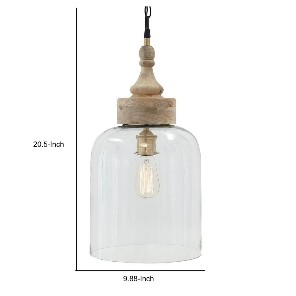 Inverted U Glass Pendant Light with Wood Finial Crown Top Brown and Clear By Casagear Home BM232931
