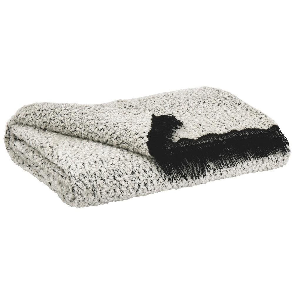 Polyester Chenille Blend Throw with Fringe Details, Black and White By Casagear Home