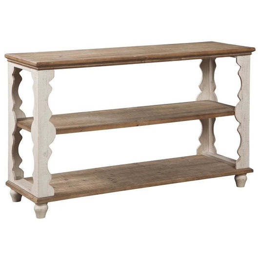 Traditional Style Console Sofa Table with Scalloped Design, White and Brown By Casagear Home