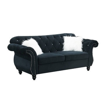 77 Inches Nailhead Trim Velvet Loveseat with Crystal Tufting, Black By Casagear Home