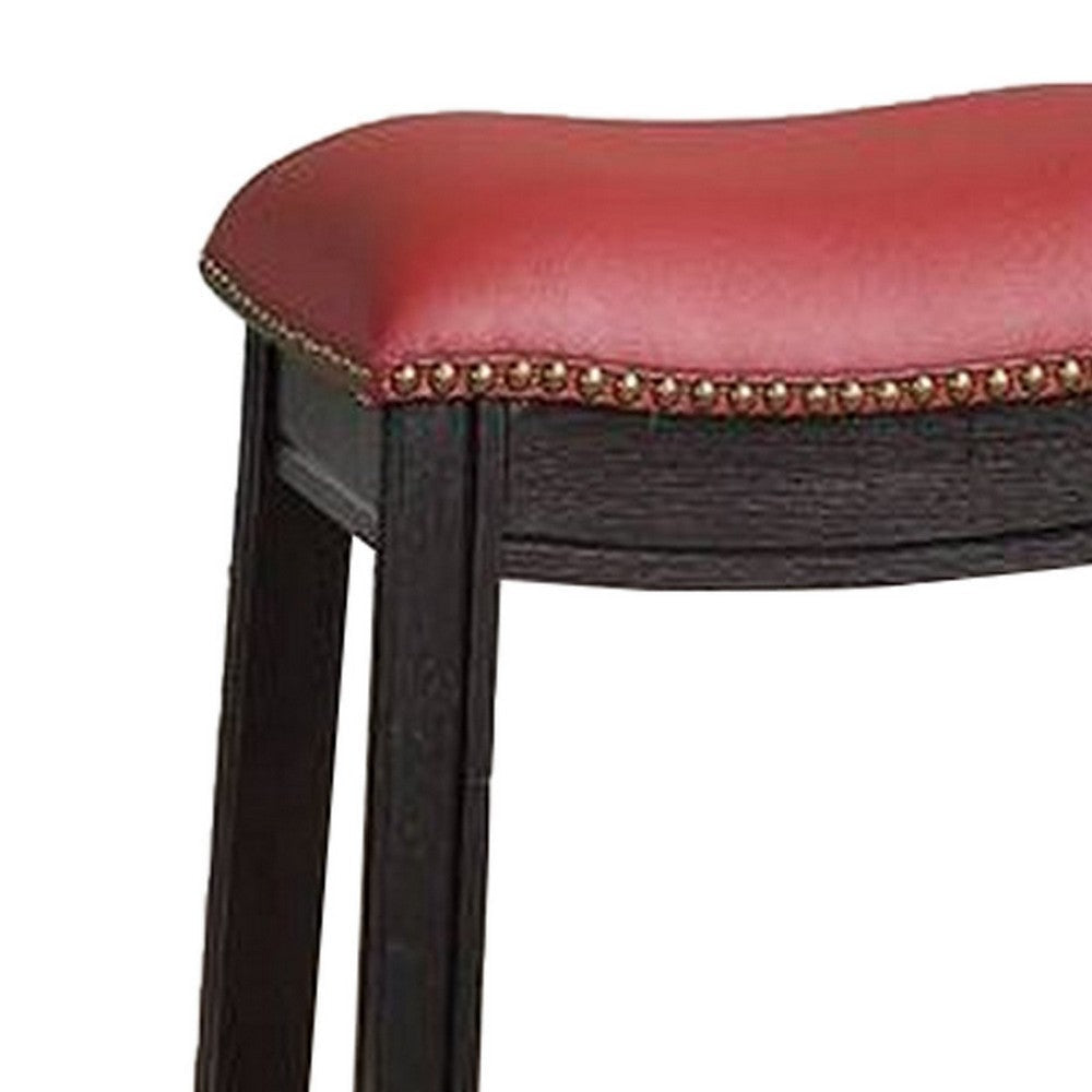 18 Inch Wooden Stool with Upholstered Cushion Seat Set of 2 Gray and Red By Casagear Home BM233106
