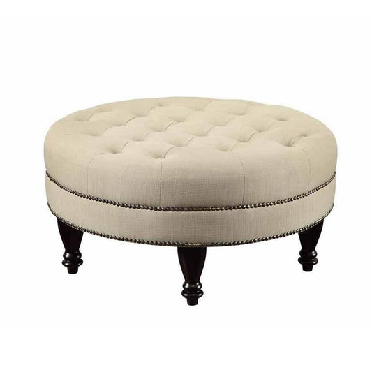 Round Shaped Fabric Ottoman with Nailhead Trim, Gray By Casagear Home