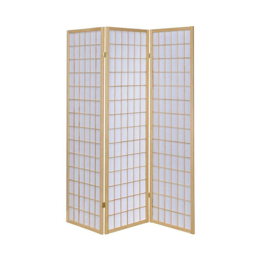 3 Panel Foldable Wooden Frame Room Divider with Grid Design, Brown By Casagear Home