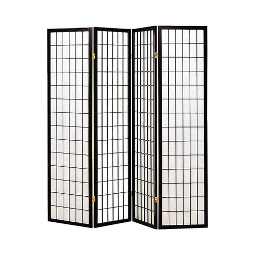 Room Divider | 4 Panel Foldable | Wood Frame | Grid Design | Black