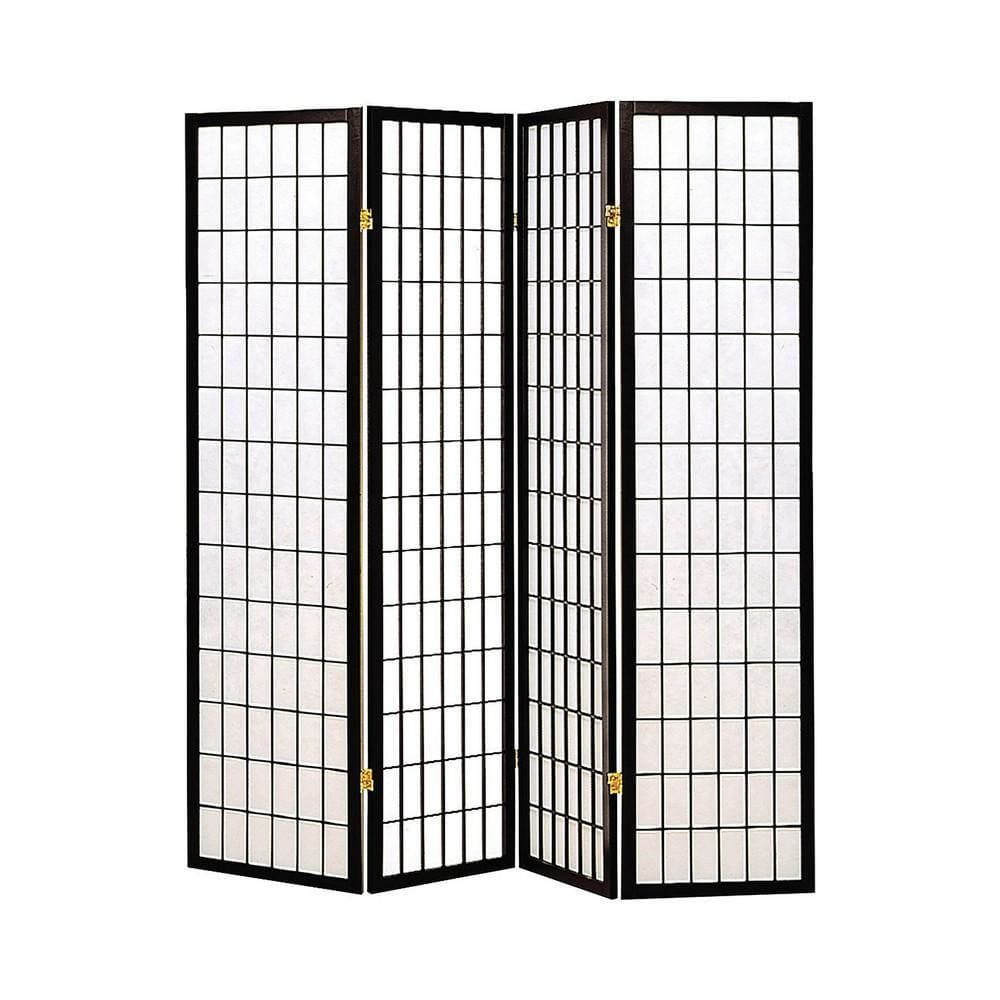 4 Panel Foldable Wooden Frame Room Divider with Grid Design, Black By Casagear Home