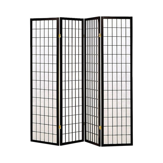 4 Panel Foldable Wooden Frame Room Divider with Grid Design, Black By Casagear Home