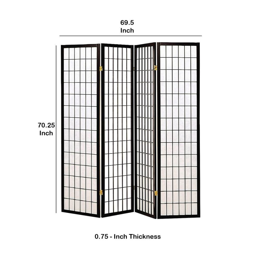 4 Panel Foldable Wooden Frame Room Divider with Grid Design Black By Casagear Home BM233241