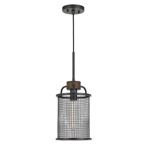 Chandelier | Cylindrical Grid Design | Metal | Wood Accent | Black