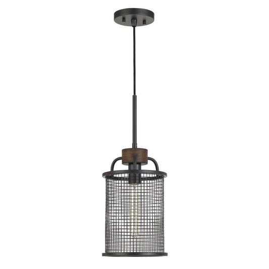 Cylindrical Grid Design Metal Chandelier with Wooden Accent, Black By Casagear Home