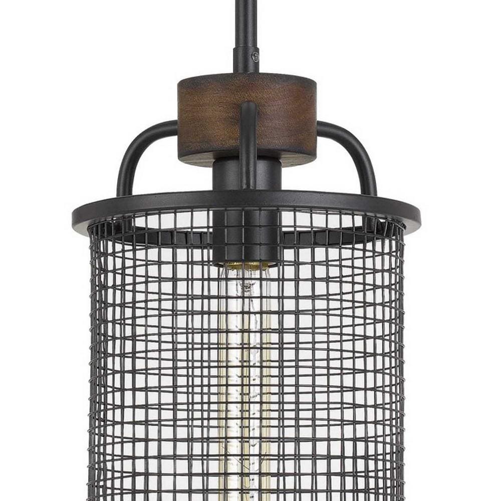 Cylindrical Grid Design Metal Chandelier with Wooden Accent Black By Casagear Home BM233266