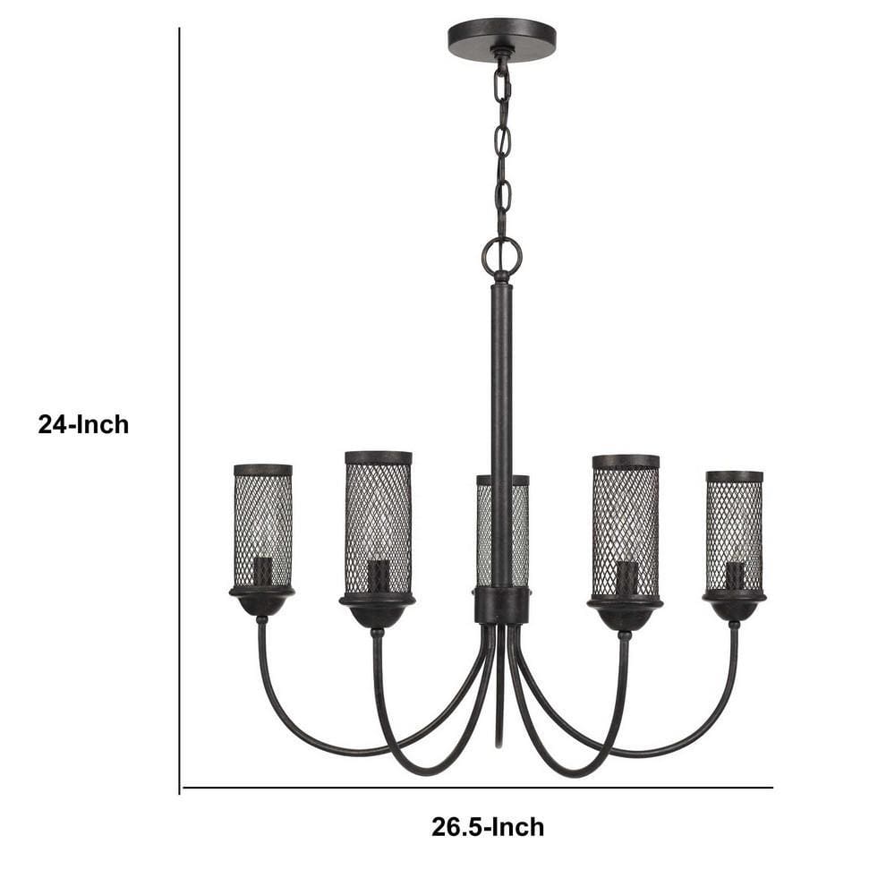 Metal Chandelier with 5 Cylindrical Wire Mesh Shades Black By Casagear Home BM233272