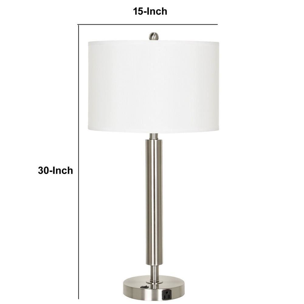 Metal Table Lamp with Fabric Drum Shade White and Silver By Casagear Home BM233289