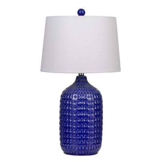 150 Watt Ceramic Table Lamp with Linen Hardback Shade, White and Blue By Casagear Home