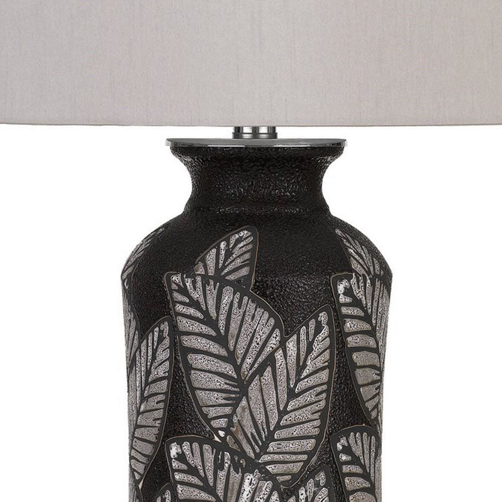 150 Watt Leaf Engraved Ceramic Base Table Lamp Gray and Black By Casagear Home BM233335