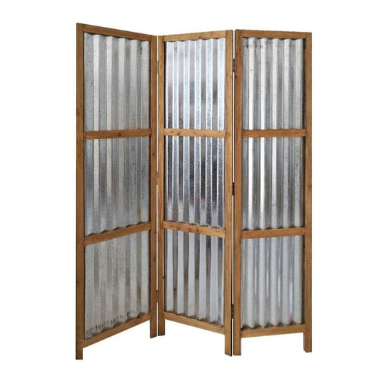 Industrial 3 Panel Foldable Screen with Corrugated Design,Silver and Brown By Casagear Home