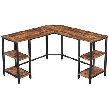 Eva 54 Inch L Shape Wood Top Computer Desk, 4 Shelves, Metal Frame, Brown, Black By Casagear Home