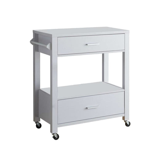 2 Drawer Wooden Kitchen Cart with Casters and 1 Open Shelf, White By Casagear Home