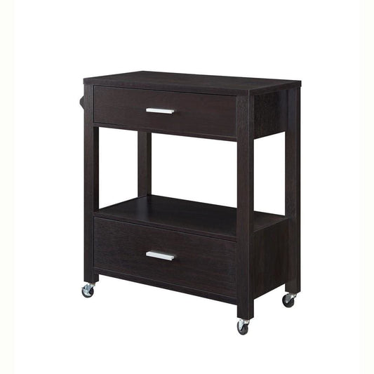 2 Drawer Wooden Kitchen Cart with Casters and 1 Open Shelf, Dark Brown By Casagear Home