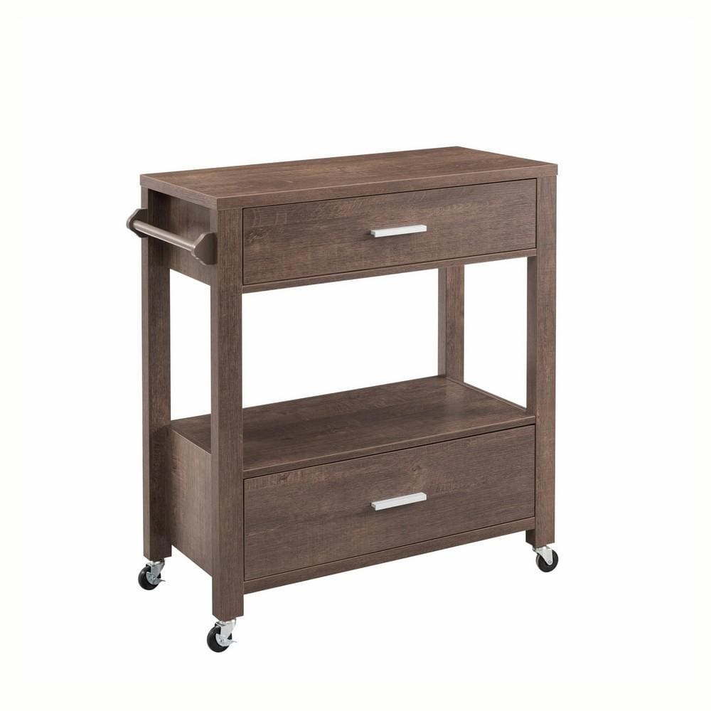 2 Drawer Wooden Kitchen Cart with Casters and 1 Open Shelf, Brown By Casagear Home