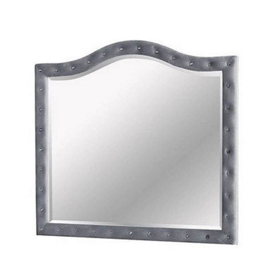 38 Inch Fabric Padded Frame Mirror with Button Tufting, Gray By Casagear Home
