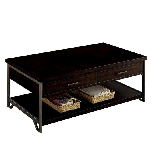 2 Drawer Wooden Coffee Table with Open Shelf, Dark Brown By Casagear Home