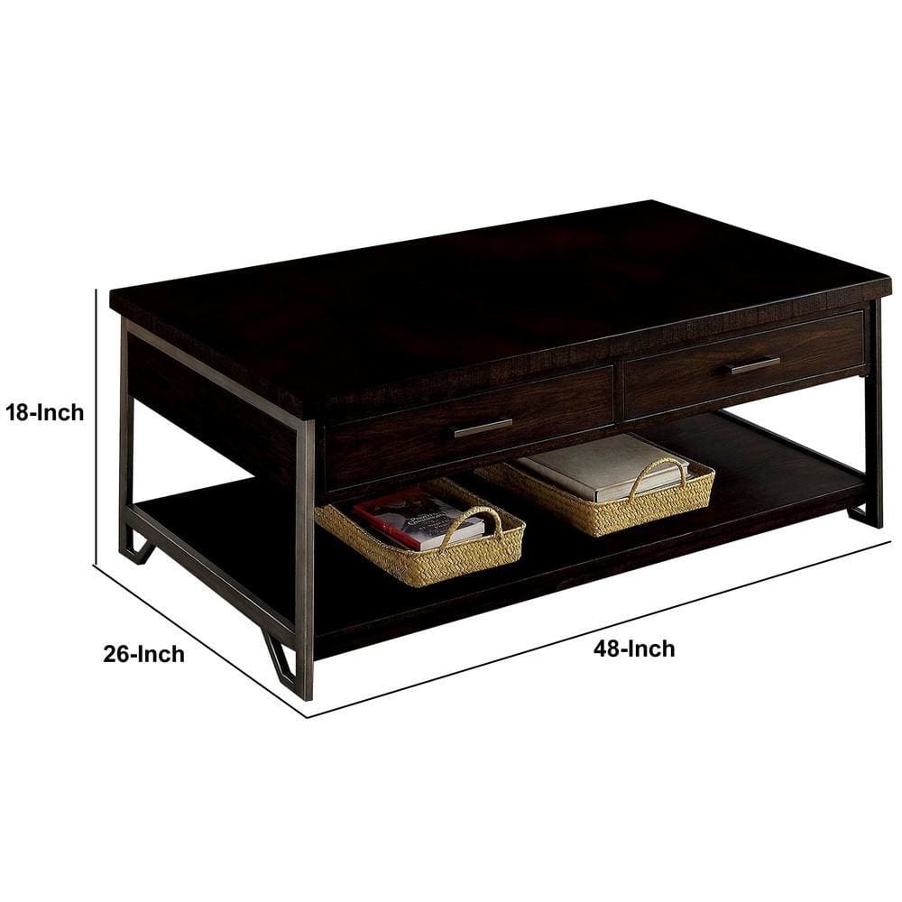 2 Drawer Wooden Coffee Table with Open Shelf Dark Brown By Casagear Home BM233788