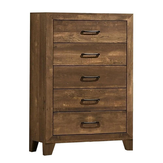 5 Drawer Wooden Chest with Grain Details, Walnut Brown By Casagear Home