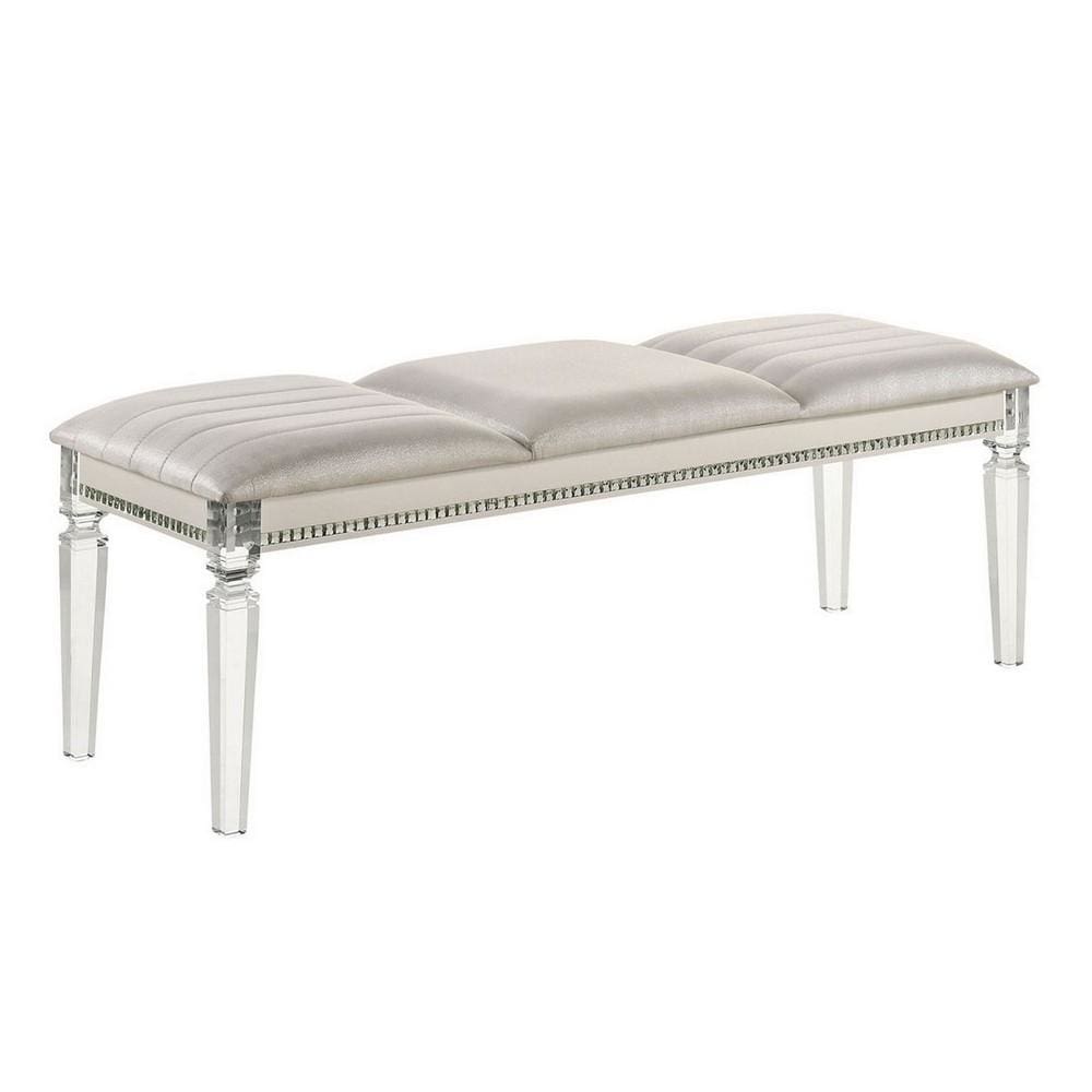 Wood Bench | Tufted Faux Leather Seat | Mirror Accents | White