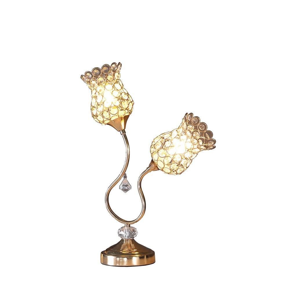 Metal Table Lamp with Floral Trumpet Shade and Crystal Accents Gold By Casagear Home BM233925