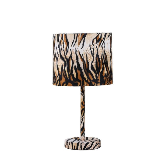 Fabric Wrapped Table Lamp with Striped Animal Print, Brown and Black By Casagear Home