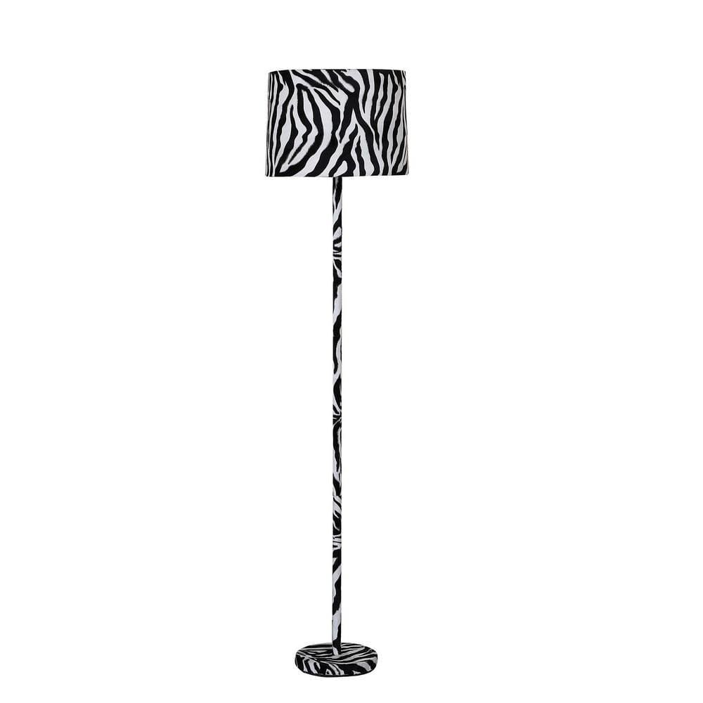Fabric Wrapped Floor Lamp with Animal Print, White and Black By Casagear Home