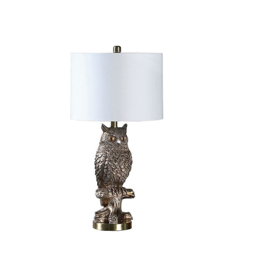 Polyresin Sitting Owl Design Table Lamp with Round Base, Silver By Casagear Home