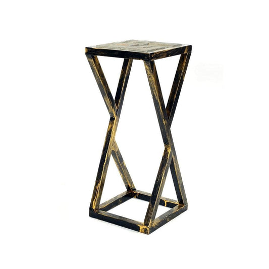 19.5 Inches Stone Top Plant Stand with Geometric Base, Black and Gray By Casagear Home