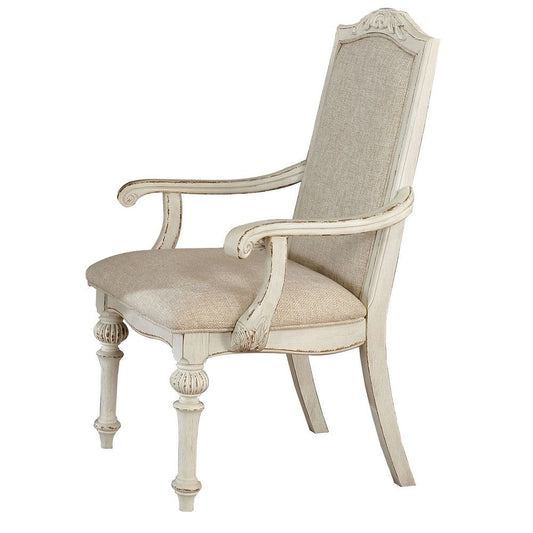 Rustic Wooden Arm Chair with Intricate Carvings, Set of 2, Antique White By Casagear Home